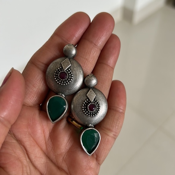 Beautiful Brass based Silver Replica Earrings pair with Antique polish - Picture 5 of 5